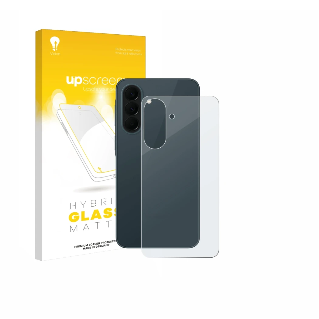 Parte frontal de un envase de producto con el logotipo de la marca upscreen. Al lado se muestra el dispositivo Samsung Galaxy 