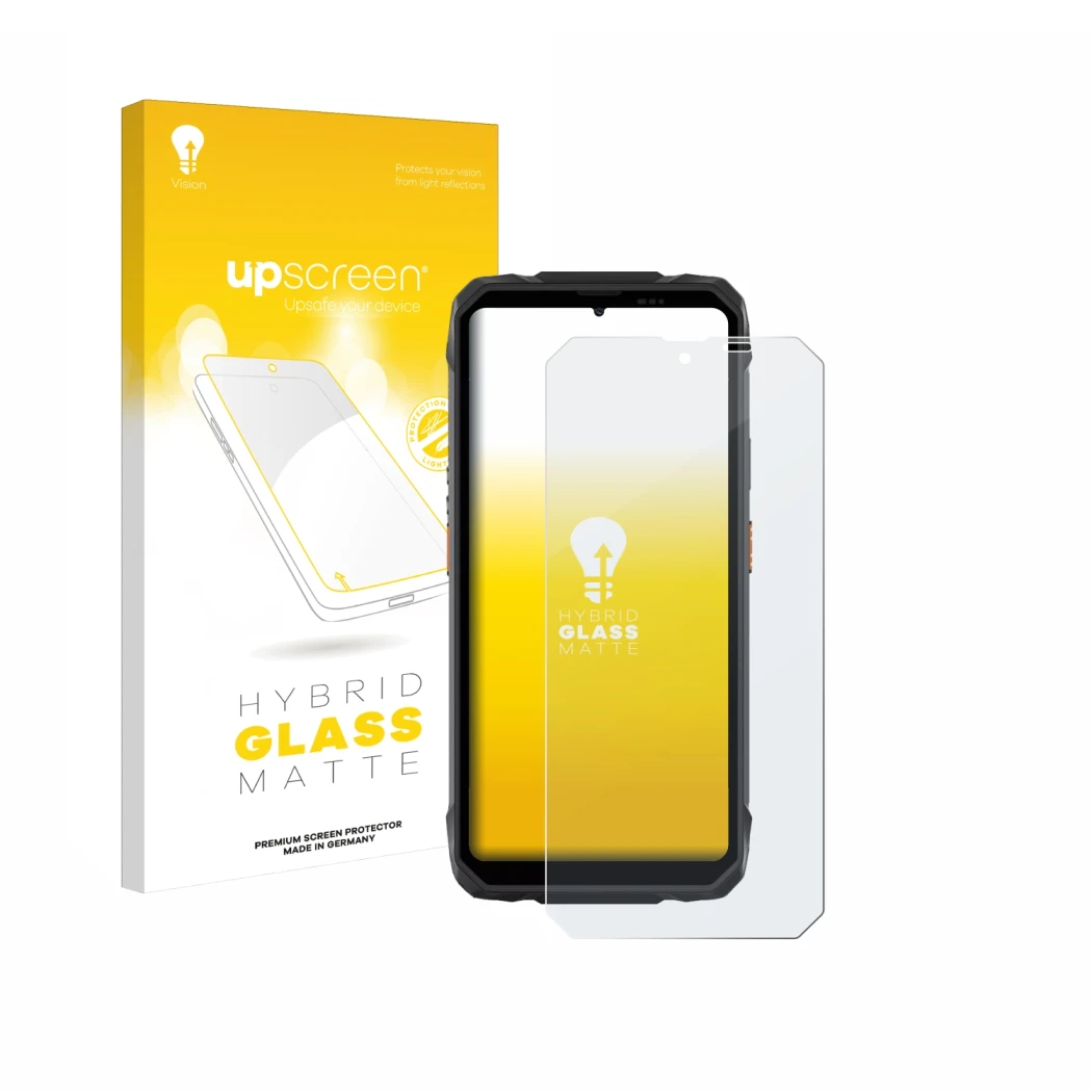 Parte frontal de un envase de producto con el logotipo de la marca upscreen. Al lado se muestra el dispositivo Blackview Rock 