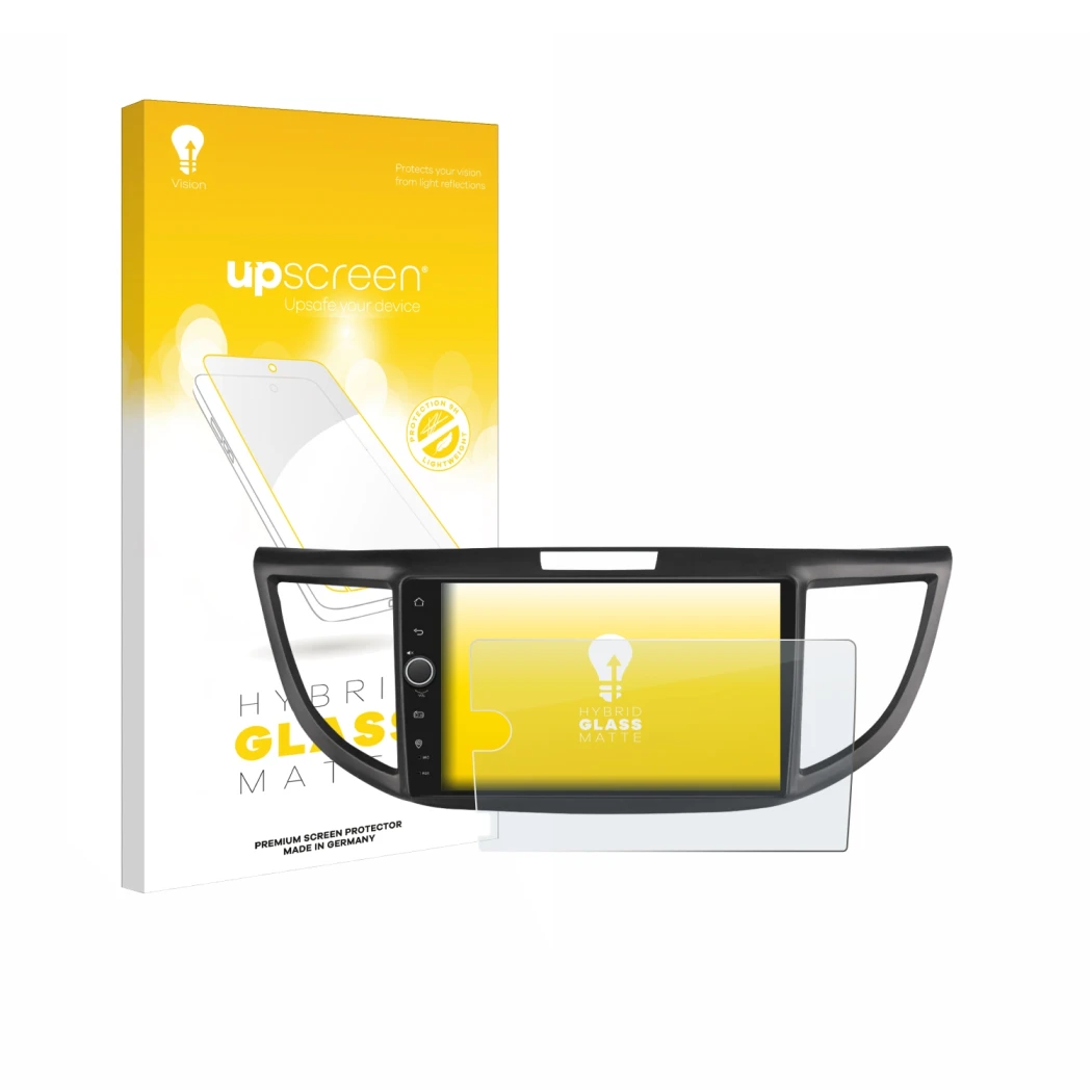 Parte frontal de un envase de producto con el logotipo de la marca upscreen. Al lado se muestra el dispositivo Joying Car Radi