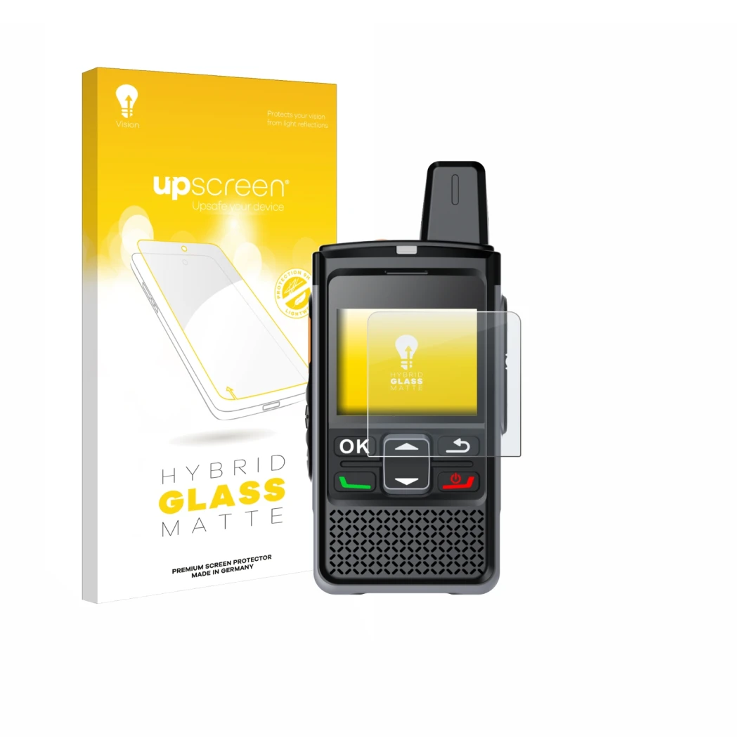 Parte frontal de un envase de producto con el logotipo de la marca upscreen. Al lado se muestra el dispositivo Hytera PNC360S 