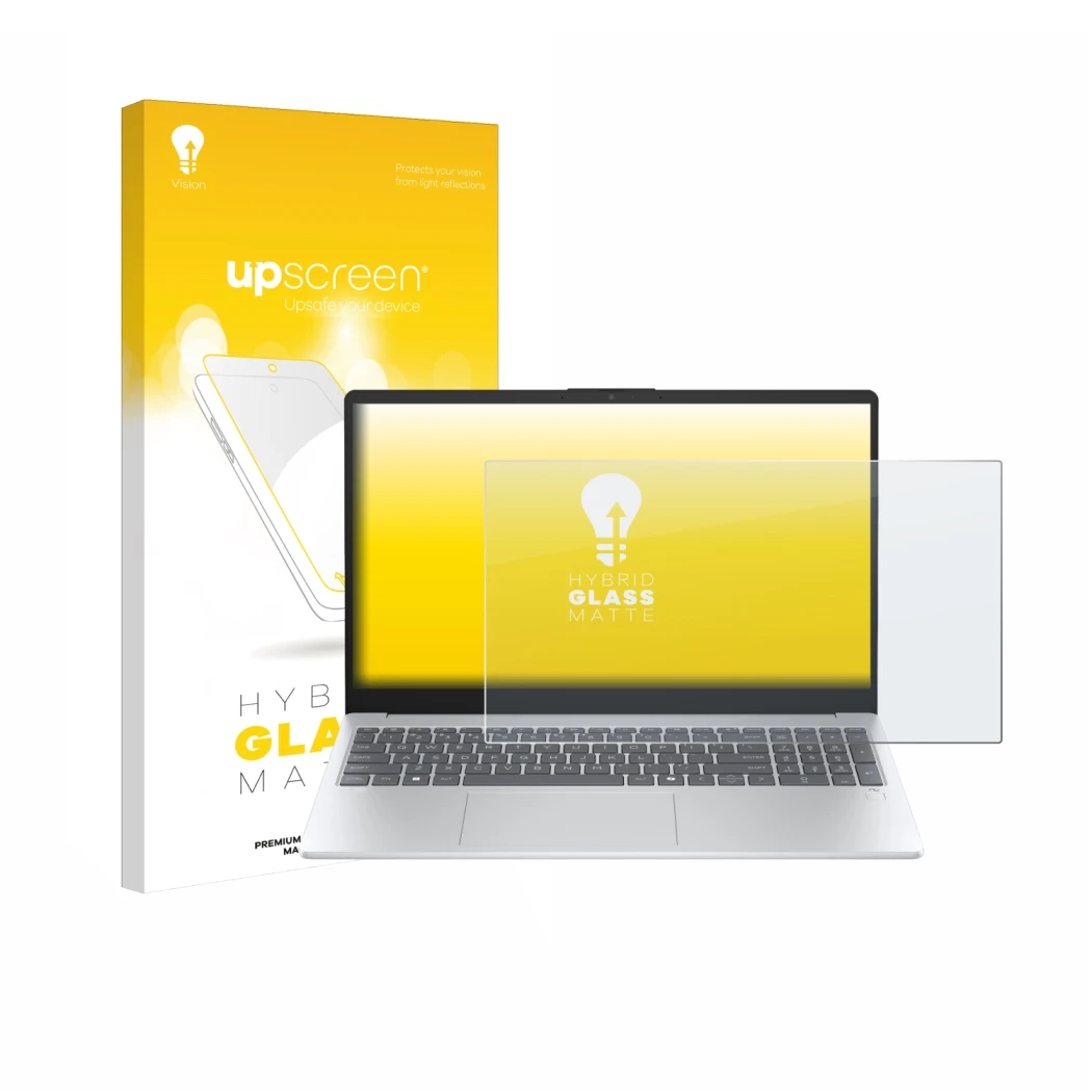 Parte frontal de un envase de producto con el logotipo de la marca upscreen. Al lado se muestra el dispositivo HP OmniBook 3 1