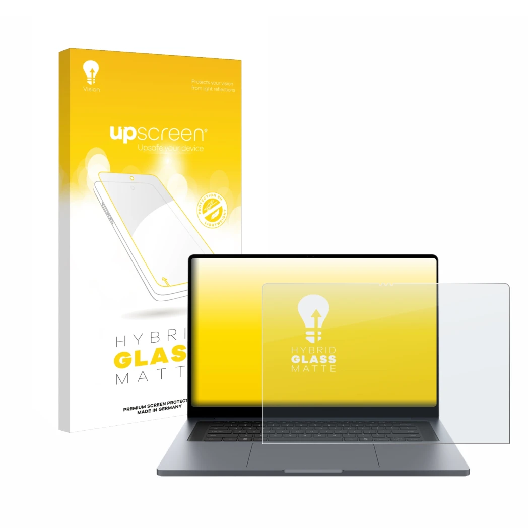 Parte frontal de un envase de producto con el logotipo de la marca upscreen. Al lado se muestra el dispositivo Samsung Galaxy 