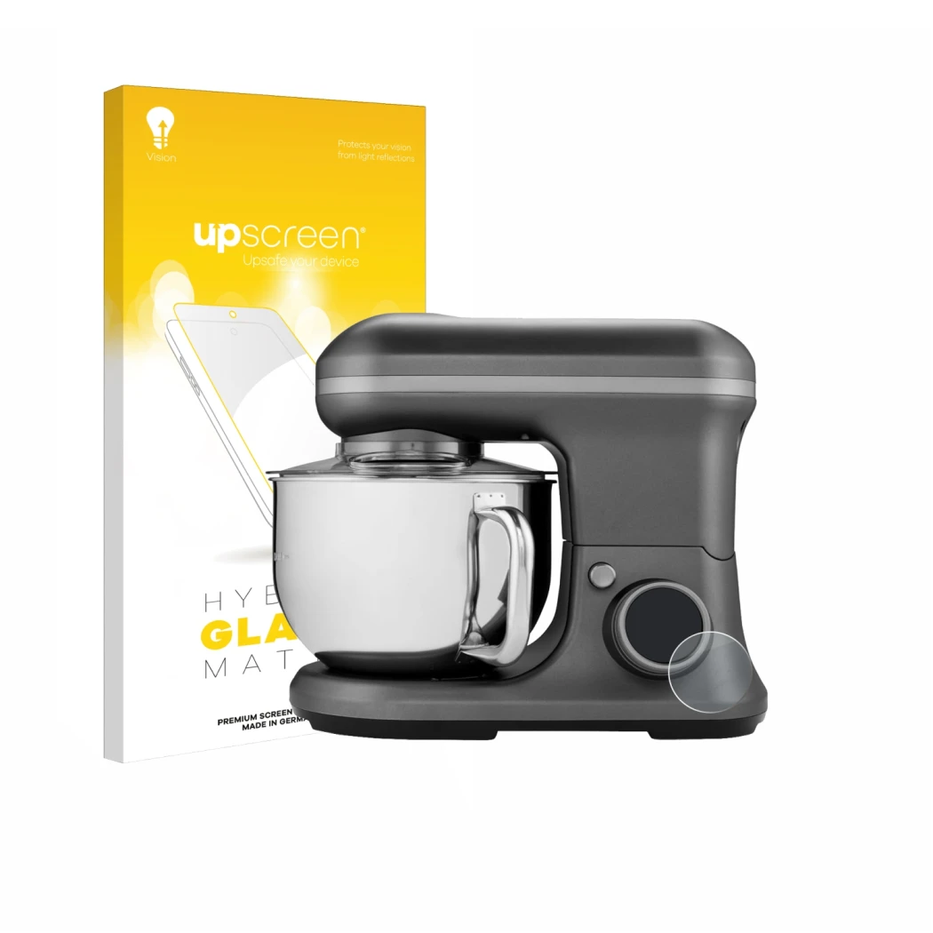 Parte frontal de un envase de producto con el logotipo de la marca upscreen. Al lado se muestra el dispositivo MEDION MD 18420