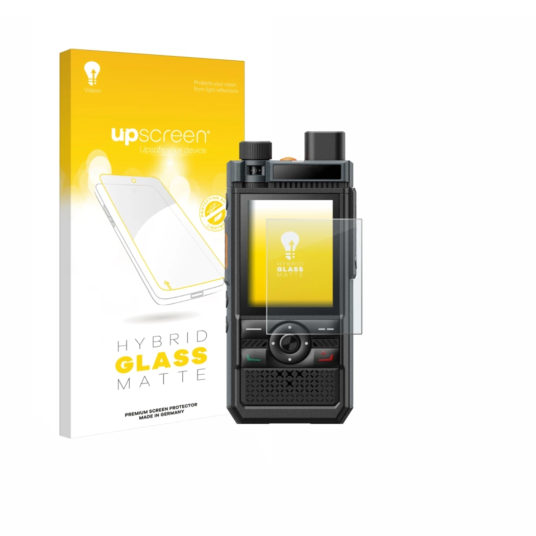 Parte frontal de un envase de producto con el logotipo de la marca upscreen. Al lado se muestra el dispositivo Hytera P50 Pro 