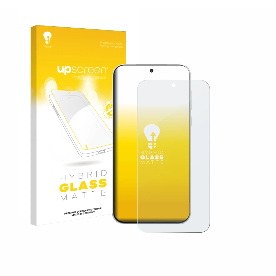 Parte frontal de un envase de producto con el logotipo de la marca upscreen. Al lado se muestra el dispositivo OnePlus Turbo 6