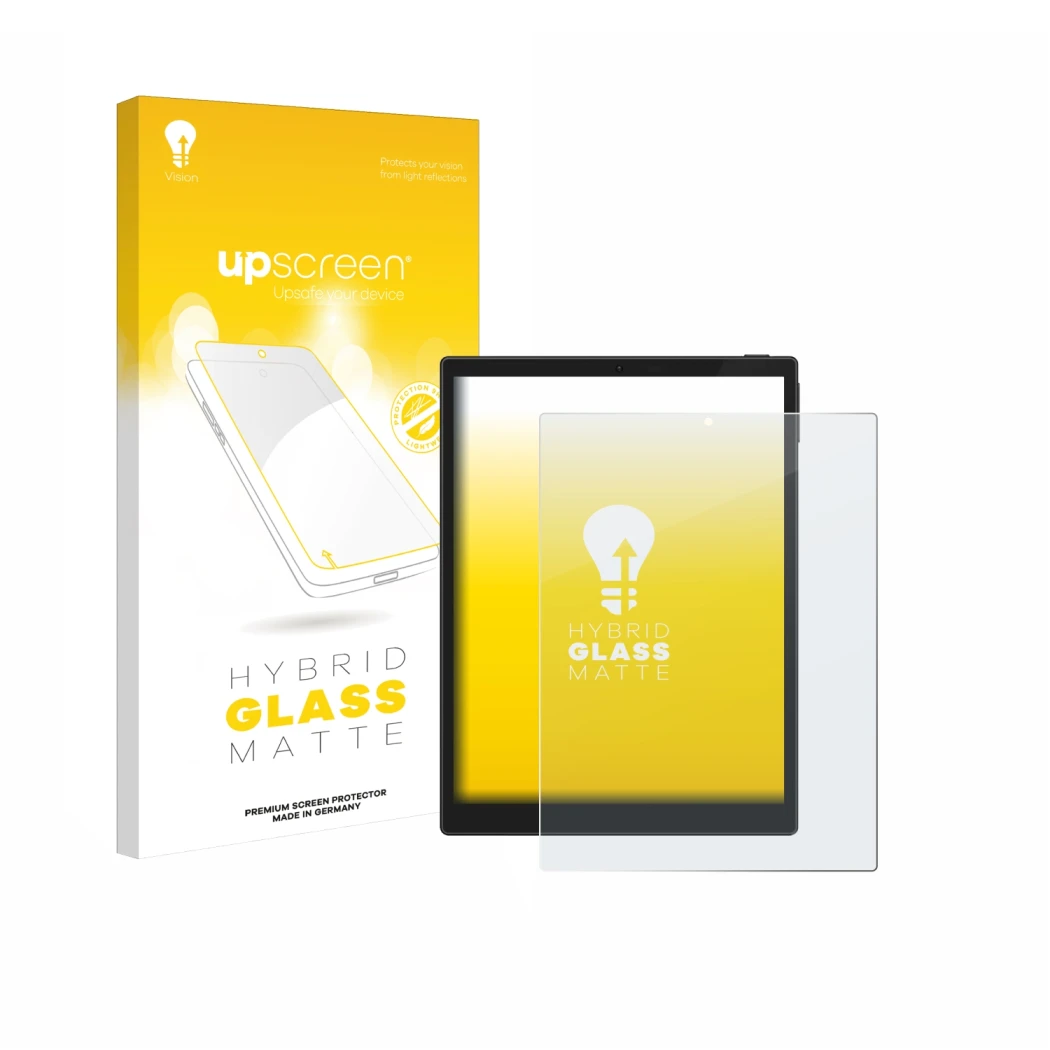 Parte frontal de un envase de producto con el logotipo de la marca upscreen. Al lado se muestra el dispositivo Hannspree Lumo 