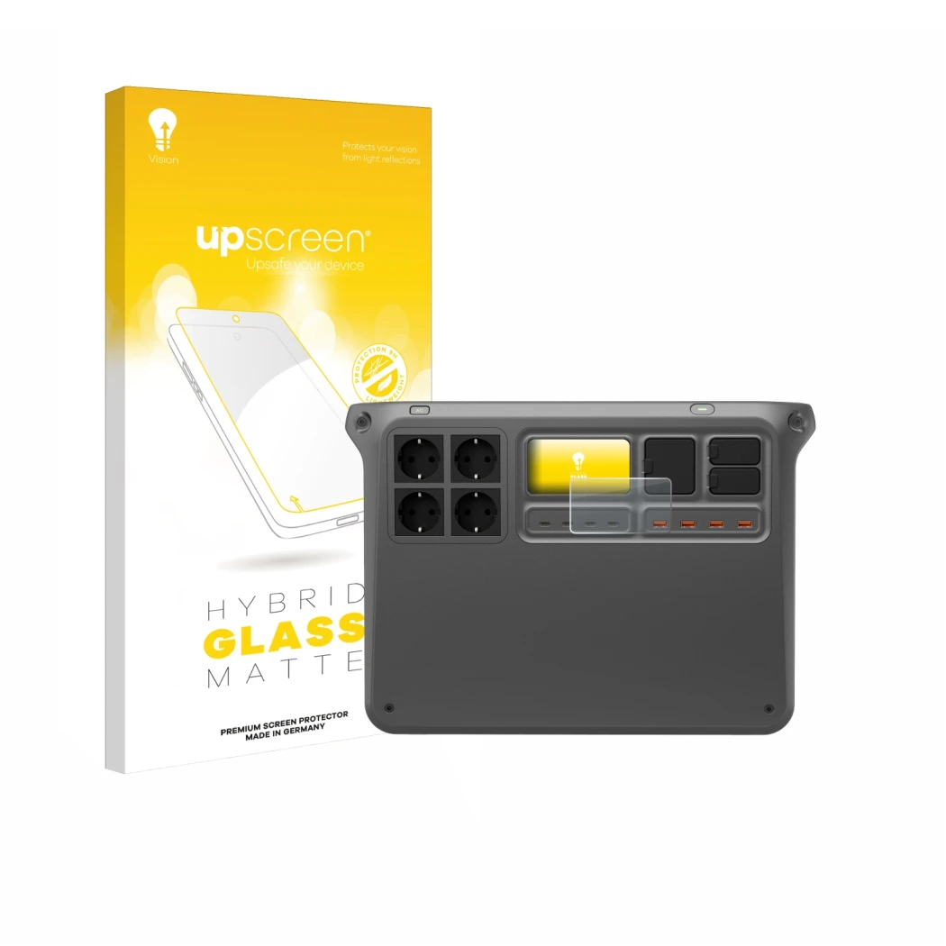 Parte frontal de un envase de producto con el logotipo de la marca upscreen. Al lado se muestra el dispositivo DJI Power 2000 