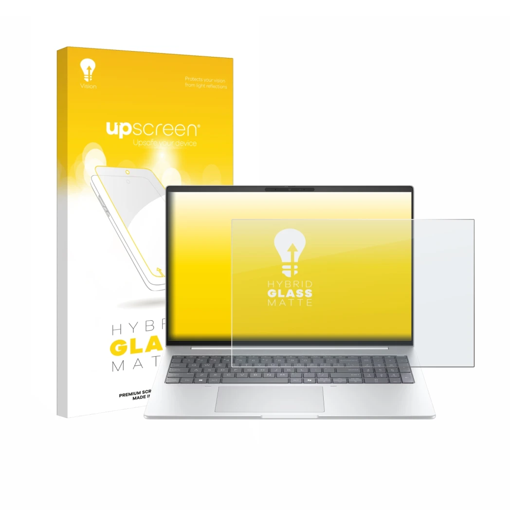 Parte frontal de un envase de producto con el logotipo de la marca upscreen. Al lado se muestra el dispositivo HP EliteBook 8 