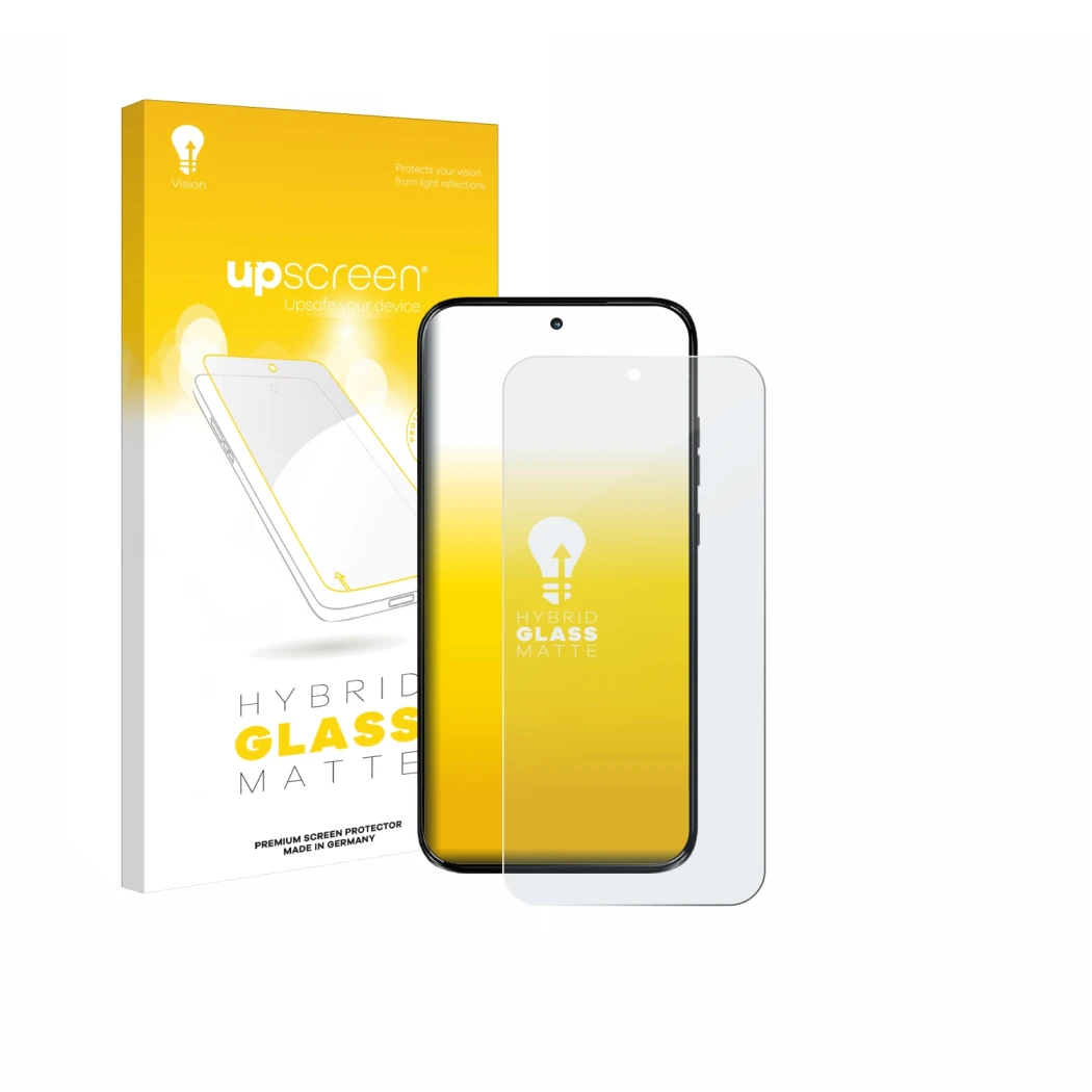 Parte frontal de un envase de producto con el logotipo de la marca upscreen. Al lado se muestra el dispositivo Motorola Moto G