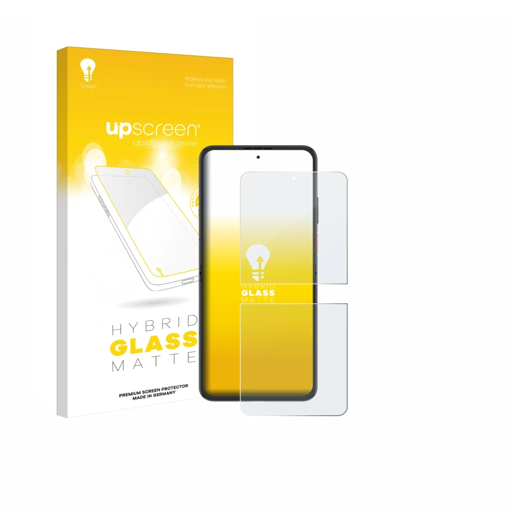 Parte frontal de un envase de producto con el logotipo de la marca upscreen. Al lado se muestra el dispositivo Nubia Flip 2 co