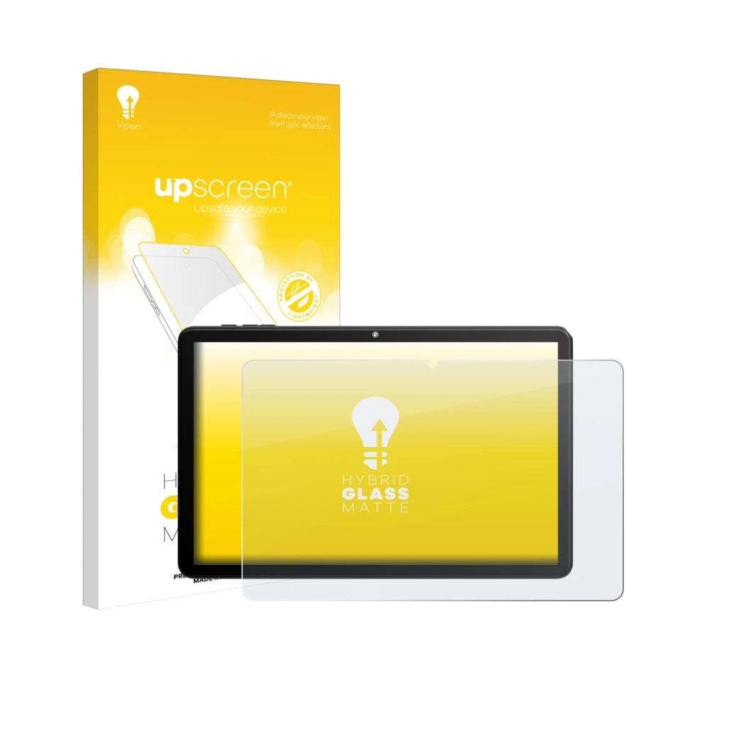 Parte frontal de un envase de producto con el logotipo de la marca upscreen. Al lado se muestra el dispositivo Rebecco Z50 10.