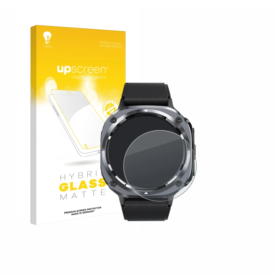 Parte frontal de un envase de producto con el logotipo de la marca upscreen. Al lado se muestra el dispositivo TIMU S90 1.45