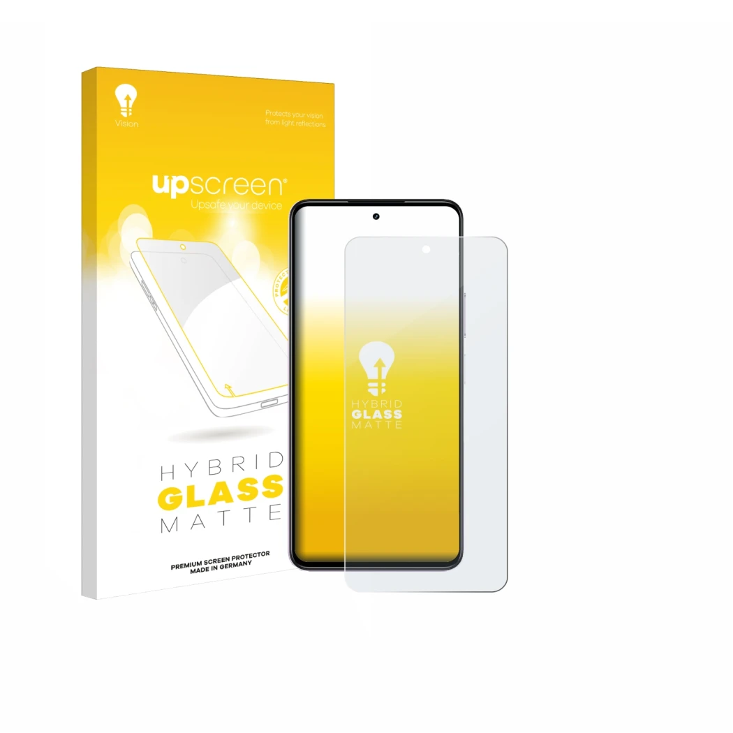 Parte frontal de un envase de producto con el logotipo de la marca upscreen. Al lado se muestra el dispositivo realme P4x 5G c