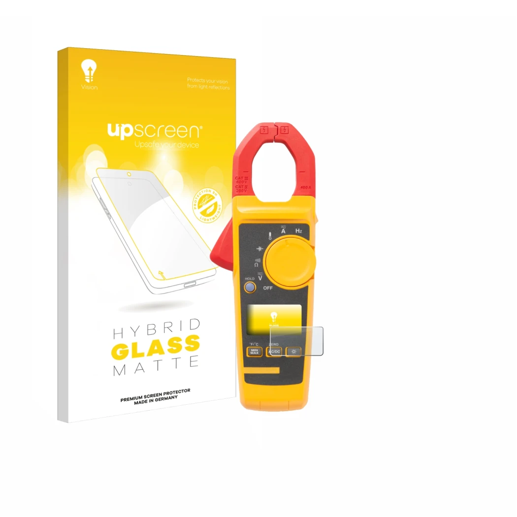 Parte frontal de un envase de producto con el logotipo de la marca upscreen. Al lado se muestra el dispositivo Fluke 325 con s