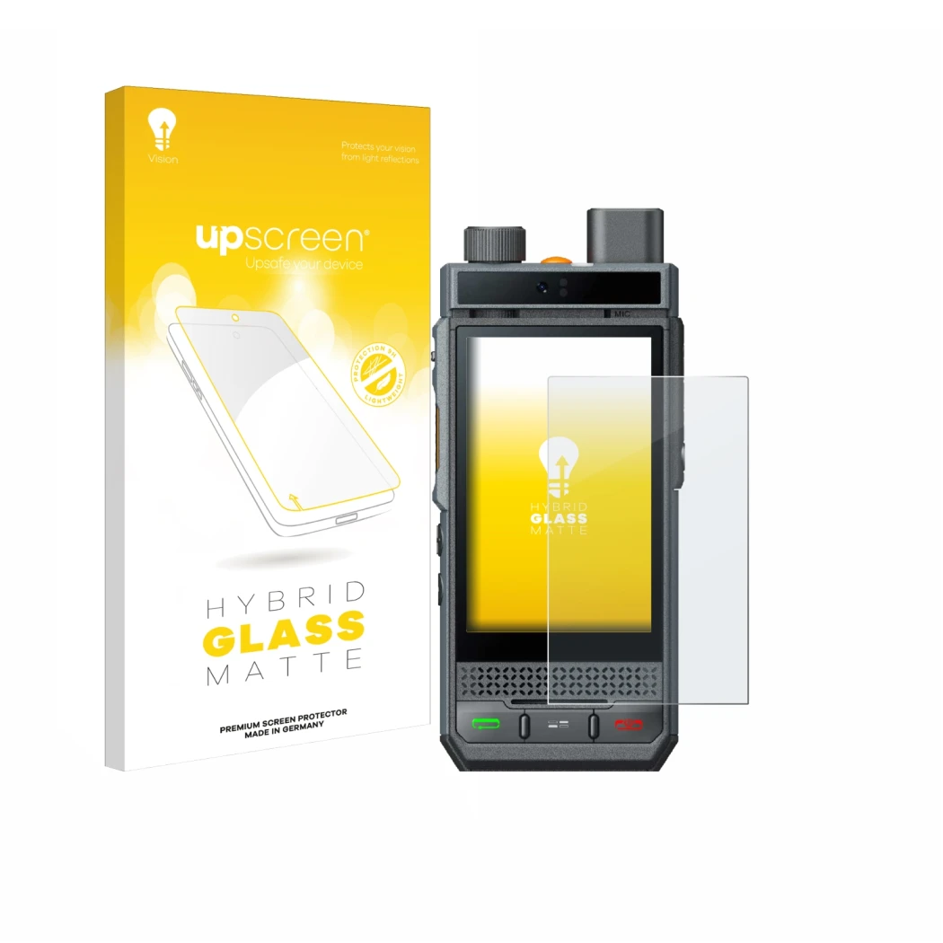 Parte frontal de un envase de producto con el logotipo de la marca upscreen. Al lado se muestra el dispositivo Hytera P60 con 