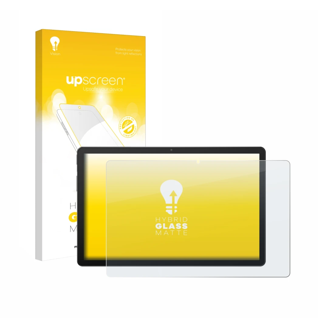 Parte frontal de un envase de producto con el logotipo de la marca upscreen. Al lado se muestra el dispositivo Sunmi CPad 14