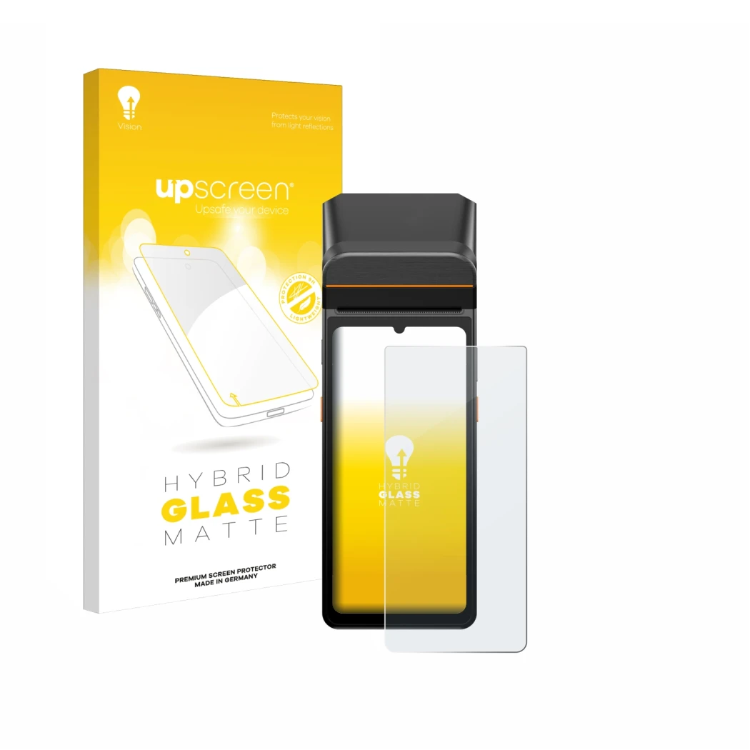 Parte frontal de un envase de producto con el logotipo de la marca upscreen. Al lado se muestra el dispositivo Sunmi V3 A13 co