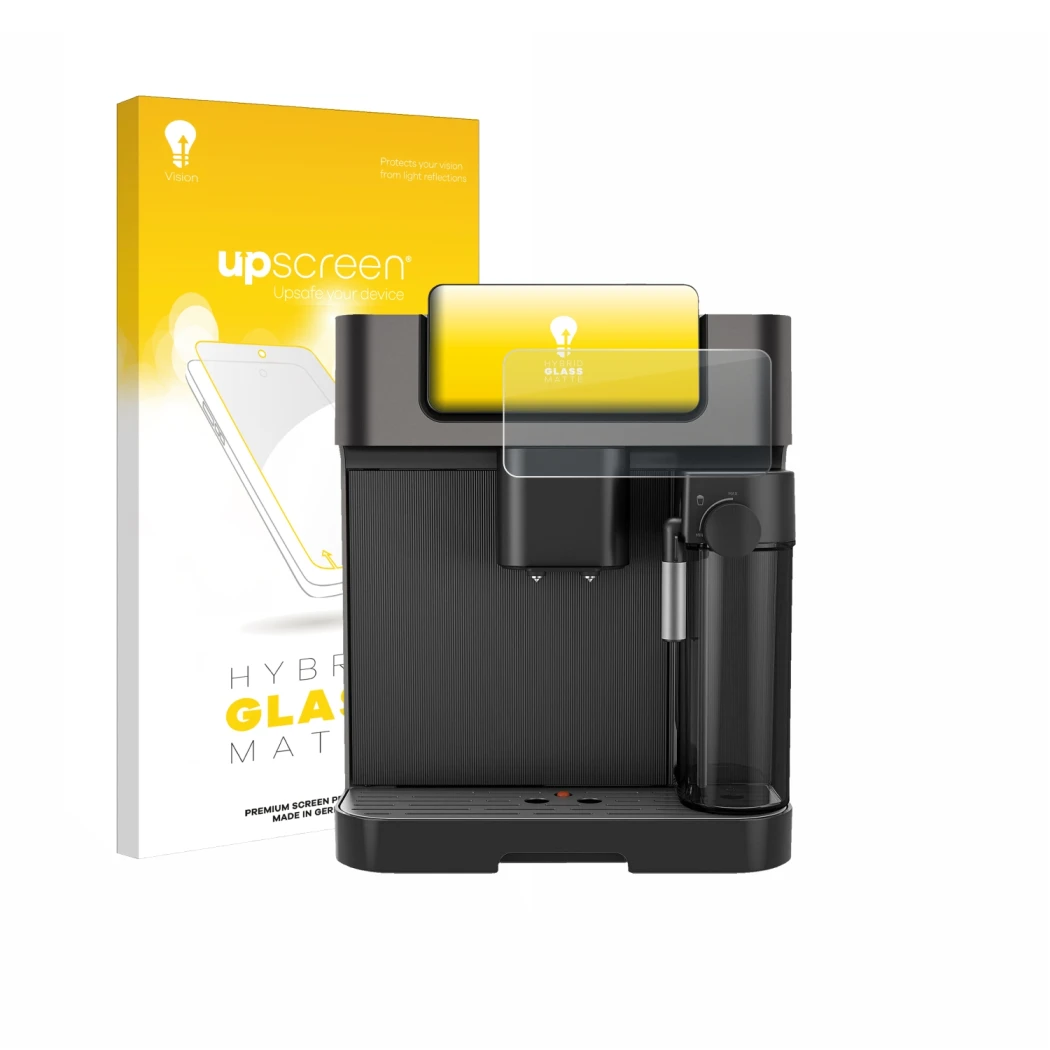 Parte frontal de un envase de producto con el logotipo de la marca upscreen. Al lado se muestra el dispositivo Grundig KVA 723