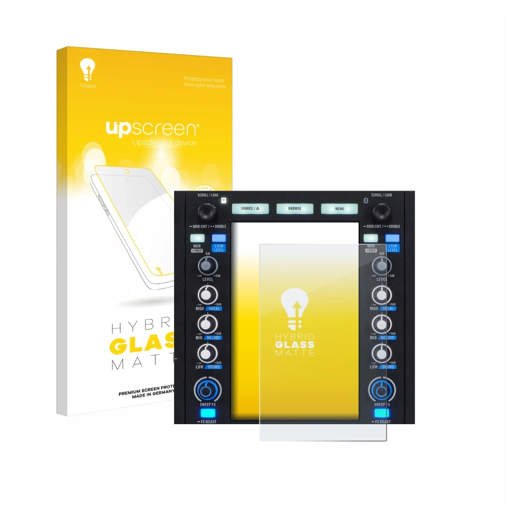 Parte frontal de un envase de producto con el logotipo de la marca upscreen. Al lado se muestra el dispositivo Rane System One
