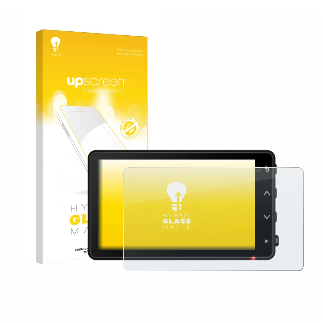 Parte frontal de un envase de producto con el logotipo de la marca upscreen. Al lado se muestra el dispositivo Garmin Catalyst