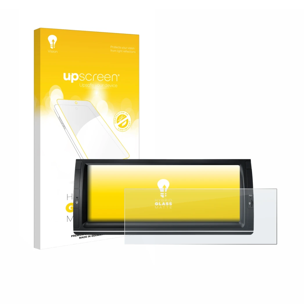 Parte frontal de un envase de producto con el logotipo de la marca upscreen. Al lado se muestra el dispositivo Xtrons PX1453BL