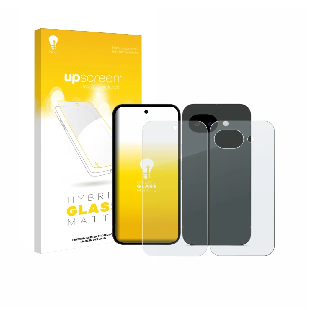 Parte frontal de un envase de producto con el logotipo de la marca upscreen. Al lado se muestra el dispositivo Google Pixel 10