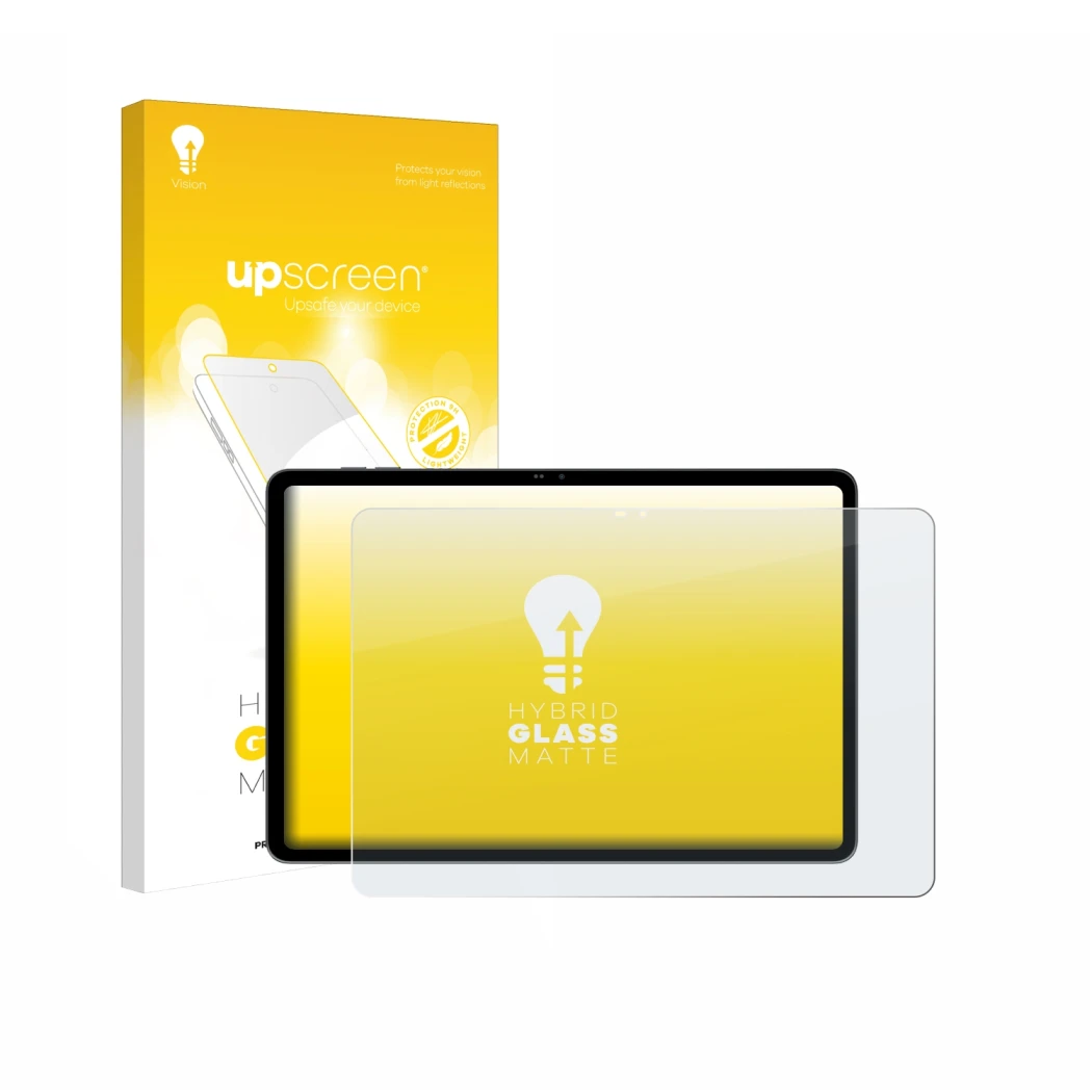 Parte frontal de un envase de producto con el logotipo de la marca upscreen. Al lado se muestra el dispositivo Blackview MEGA 