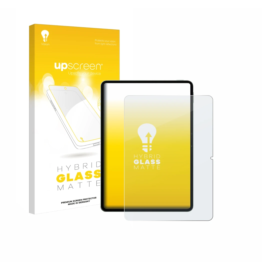 Parte frontal de un envase de producto con el logotipo de la marca upscreen. Al lado se muestra el dispositivo Xiaomi Pad 8 Pr