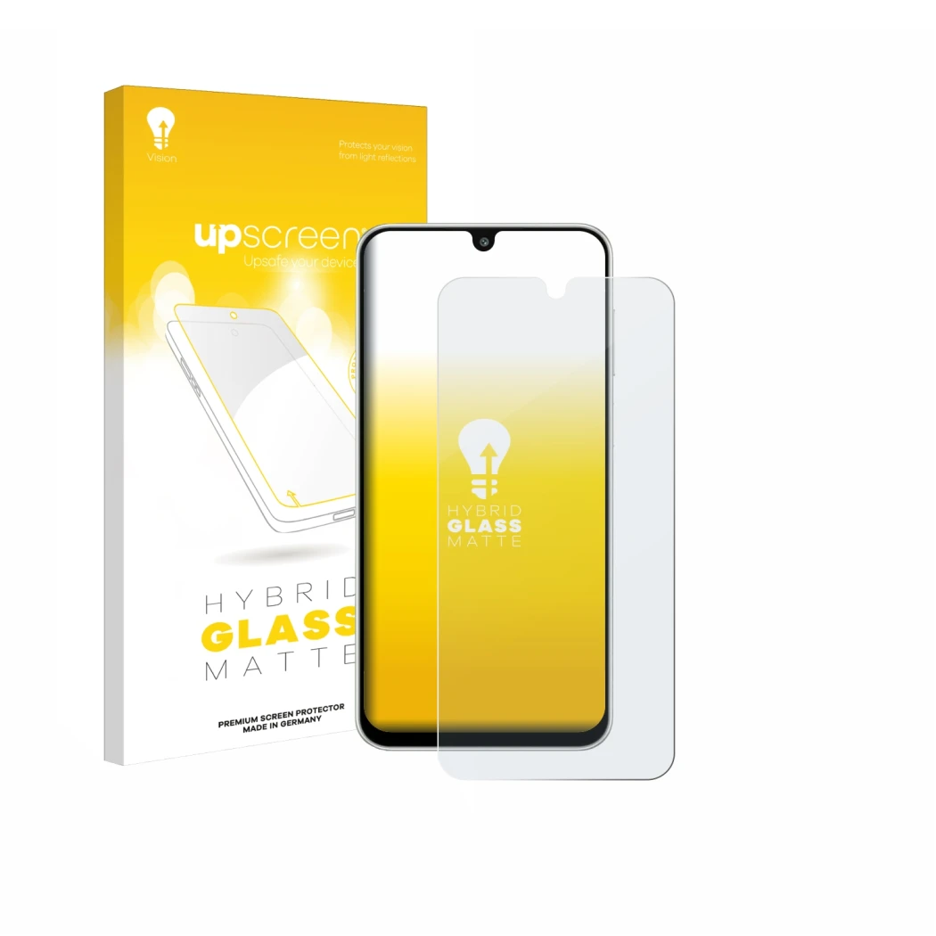 Parte frontal de un envase de producto con el logotipo de la marca upscreen. Al lado se muestra el dispositivo Samsung Galaxy 