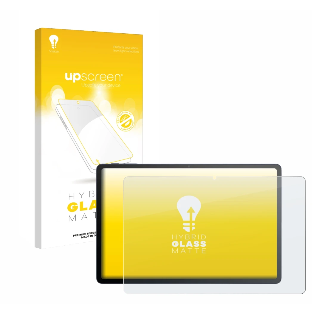 Parte frontal de un envase de producto con el logotipo de la marca upscreen. Al lado se muestra el dispositivo TCL Tab A1 Plus