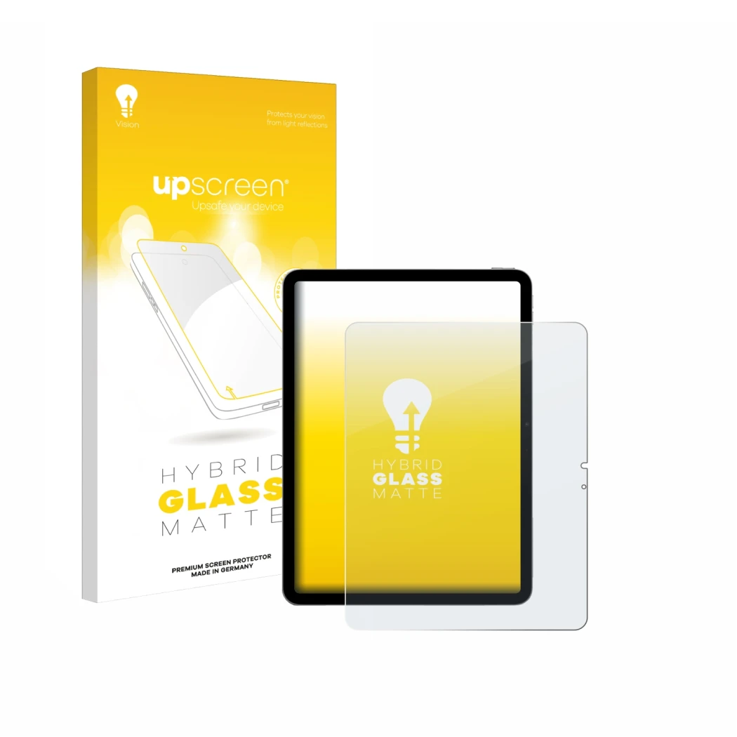 Parte frontal de un envase de producto con el logotipo de la marca upscreen. Al lado se muestra el dispositivo Apple iPad Air 