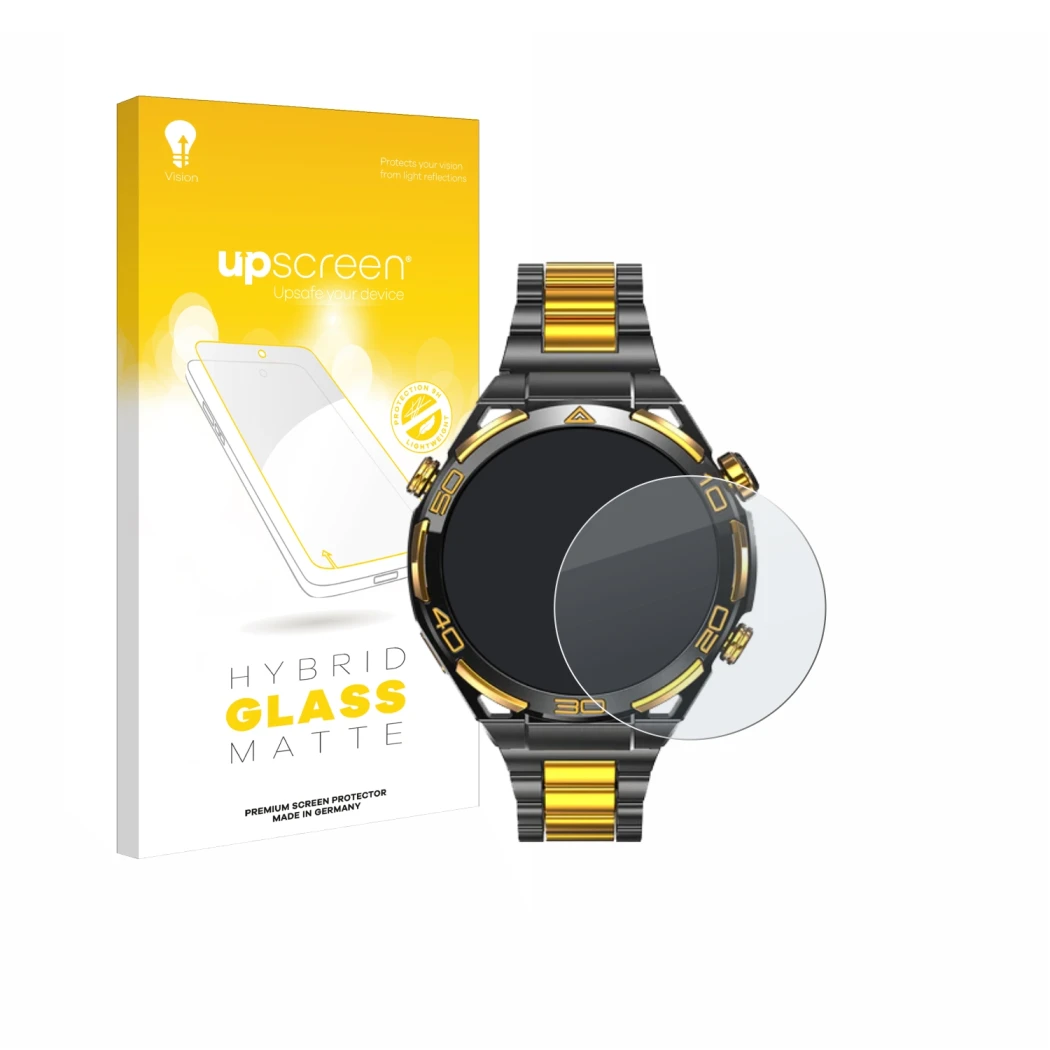 Parte frontal de un envase de producto con el logotipo de la marca upscreen. Al lado se muestra el dispositivo Blackview W90 P