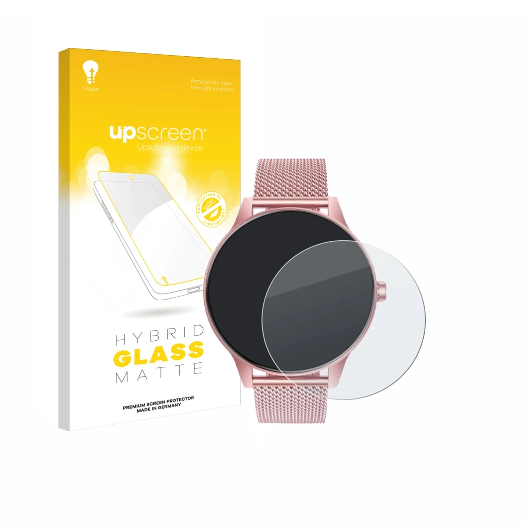 Parte frontal de un envase de producto con el logotipo de la marca upscreen. Al lado se muestra el dispositivo TAOLOON Smartwa