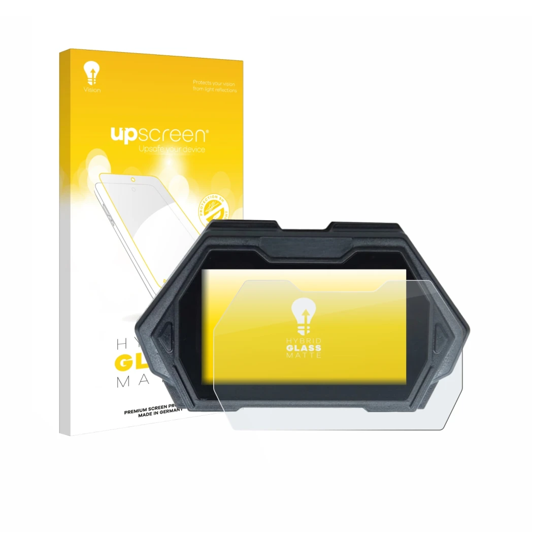 Parte frontal de un envase de producto con el logotipo de la marca upscreen. Al lado se muestra el dispositivo Kukirin G3 Pro 