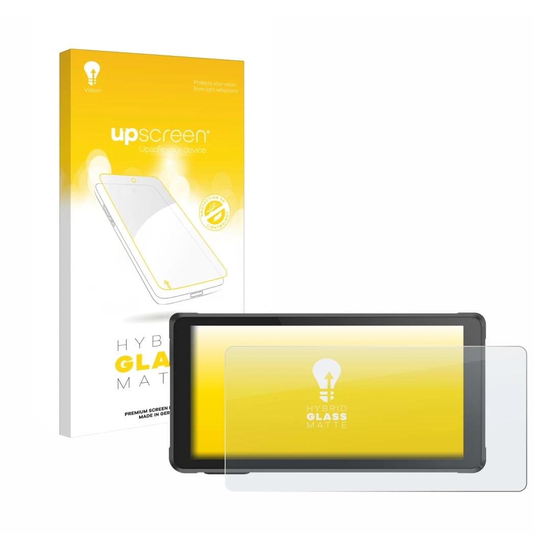 Parte frontal de un envase de producto con el logotipo de la marca upscreen. Al lado se muestra el dispositivo Interphone Ride
