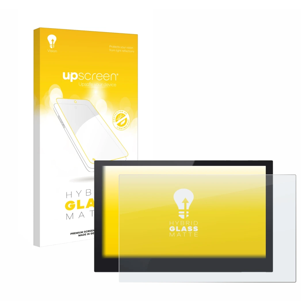 Parte frontal de un envase de producto con el logotipo de la marca upscreen. Al lado se muestra el dispositivo Bigtreetech TFT