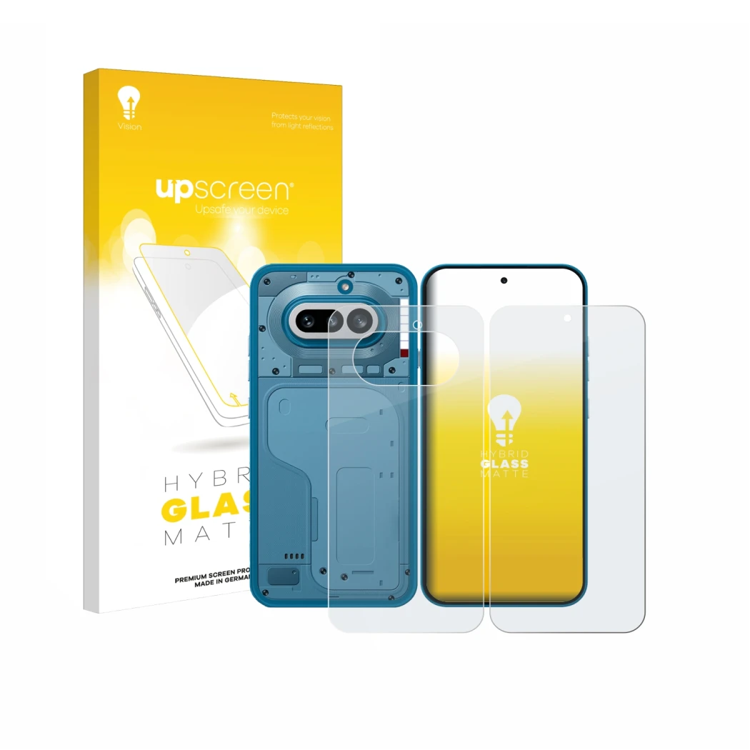 Parte frontal de un envase de producto con el logotipo de la marca upscreen. Al lado se muestra el dispositivo Nothing Phone (