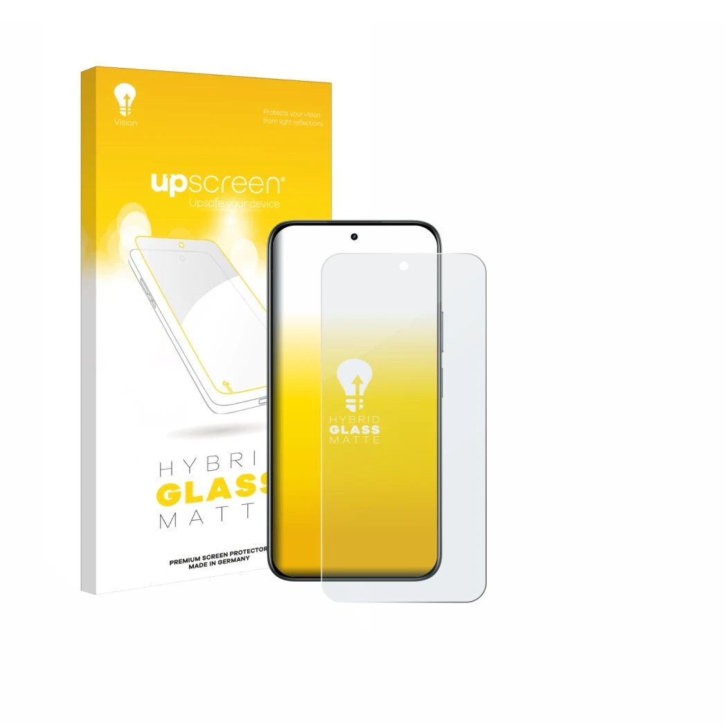 Parte frontal de un envase de producto con el logotipo de la marca upscreen. Al lado se muestra el dispositivo realme C85 5G c