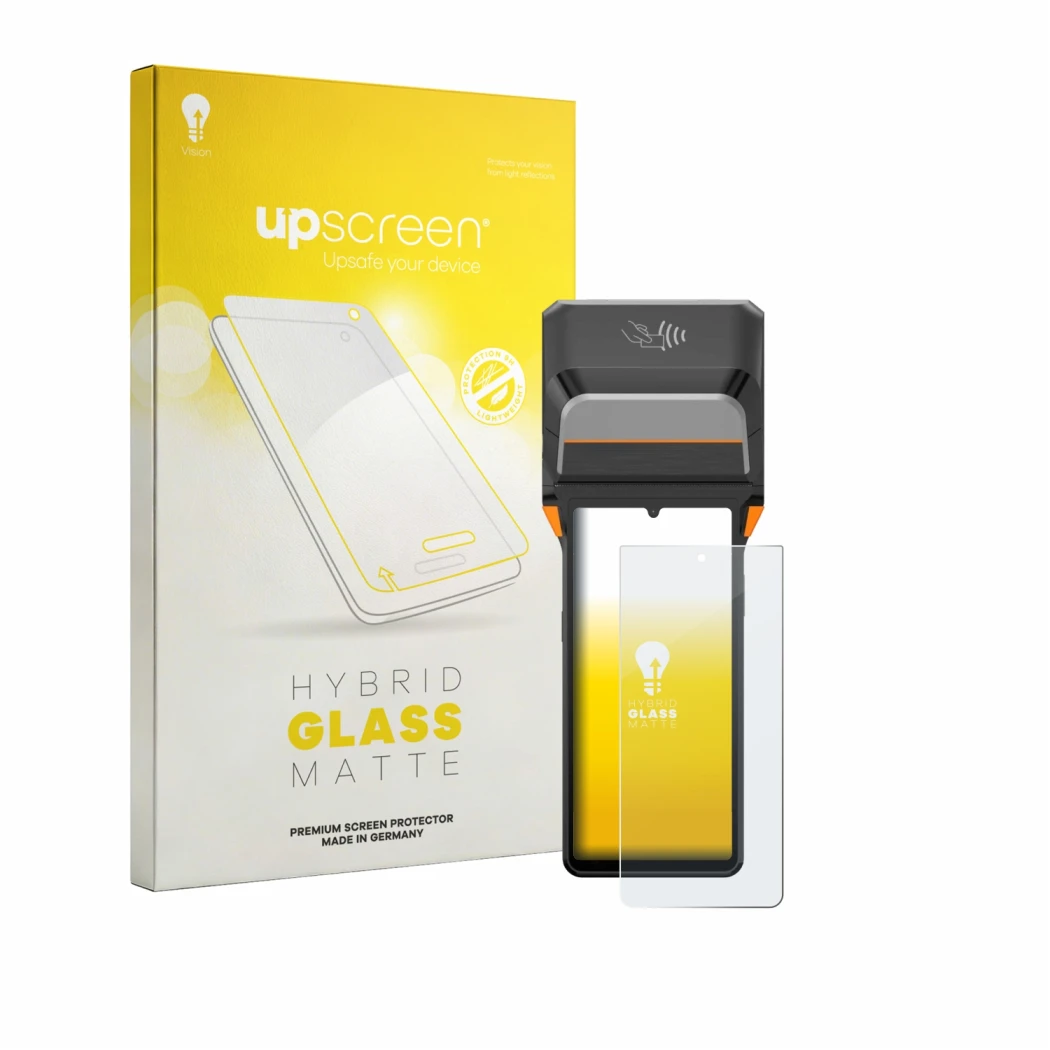 Parte frontal de un envase de producto con el logotipo de la marca upscreen. Al lado se muestra el dispositivo Sunmi V3 Plus c