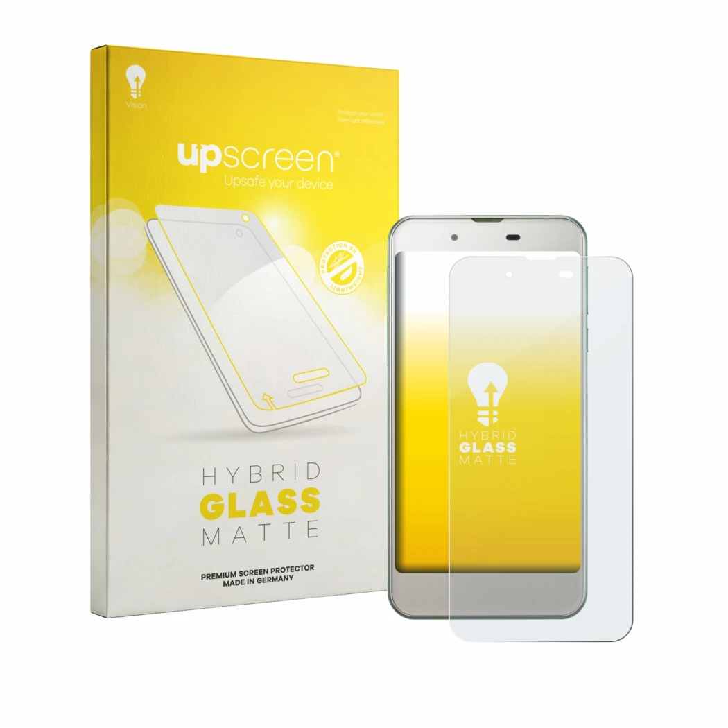 Parte frontal de un envase de producto con el logotipo de la marca upscreen. Al lado se muestra el dispositivo Sharp Aquos SHV