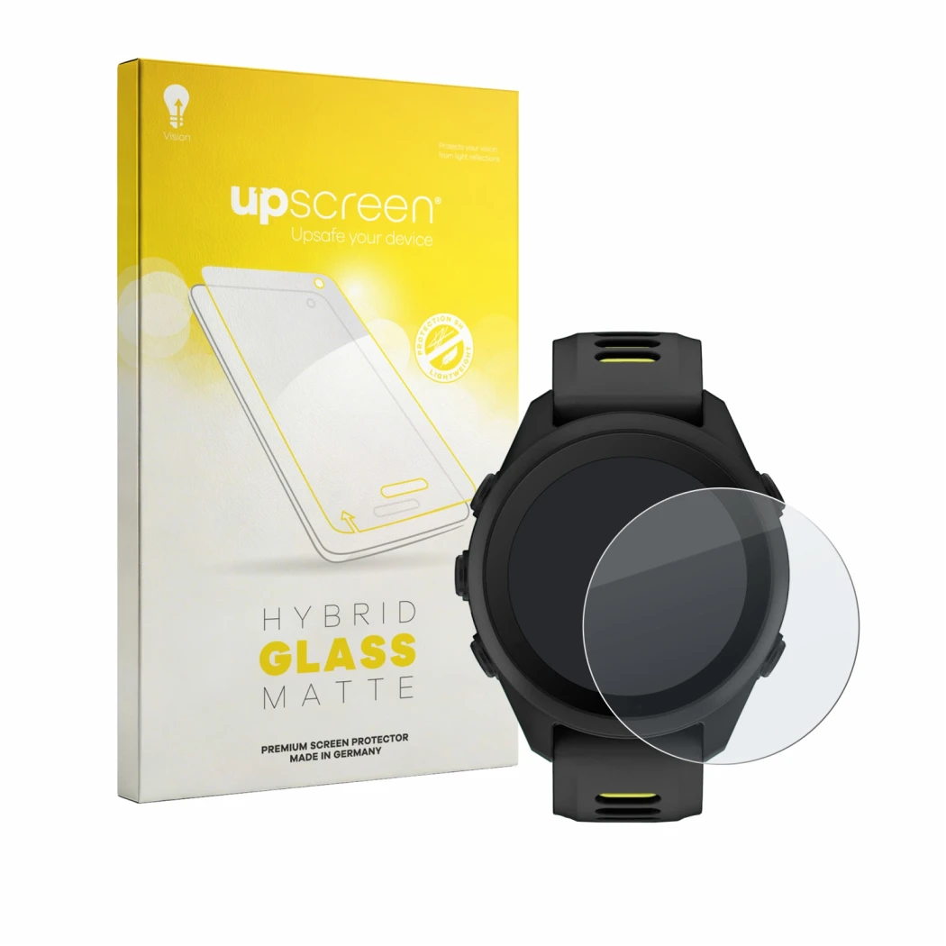Parte frontal de un envase de producto con el logotipo de la marca upscreen. Al lado se muestra el dispositivo Garmin Forerunn