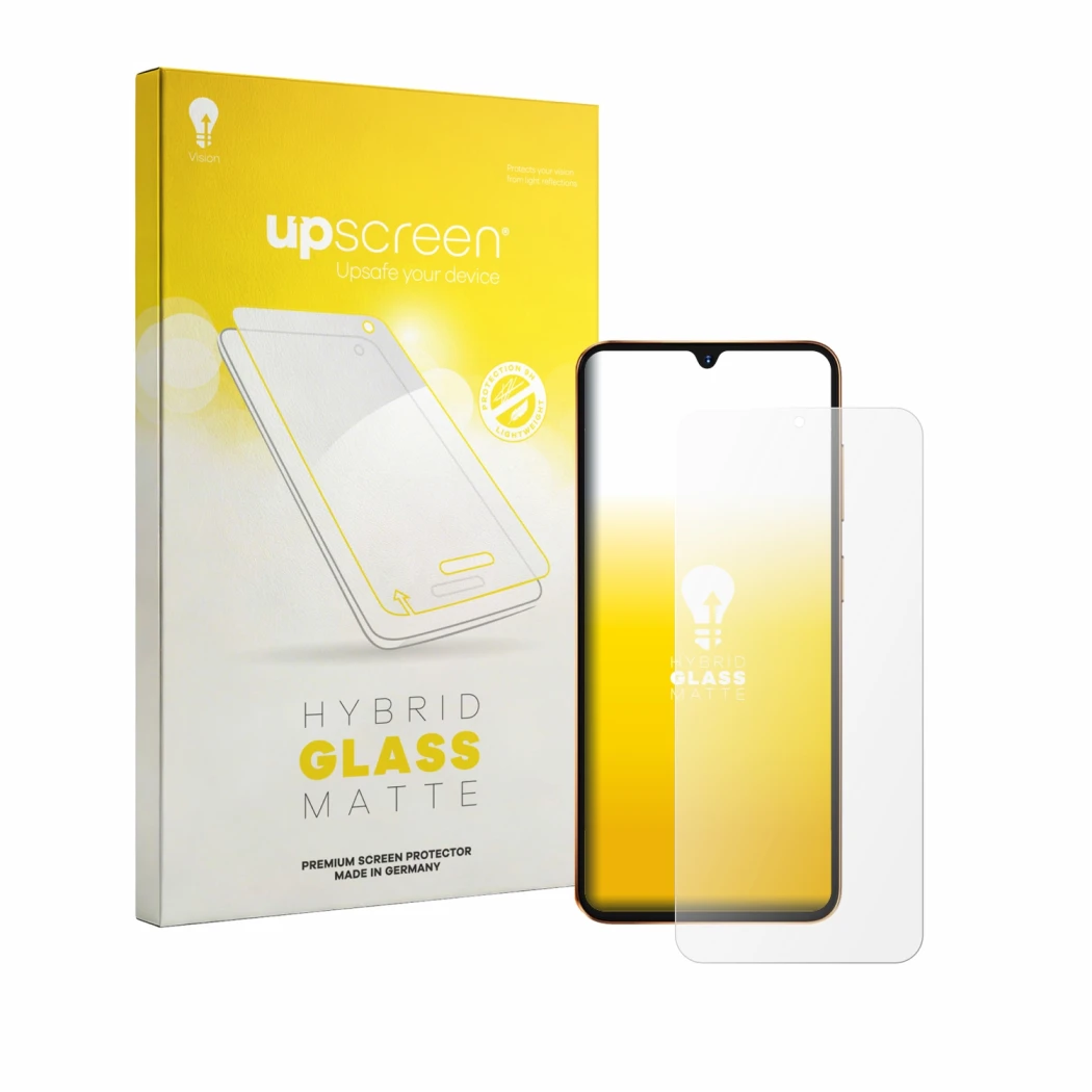 Parte frontal de un envase de producto con el logotipo de la marca upscreen. Al lado se muestra el dispositivo Hotwav A17 Pro 