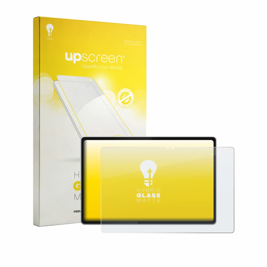 Parte frontal de un envase de producto con el logotipo de la marca upscreen. Al lado se muestra el dispositivo Lenovo Tab Plus