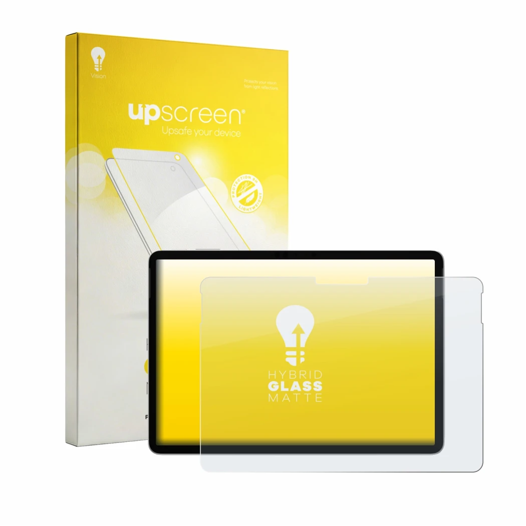 Parte frontal de un envase de producto con el logotipo de la marca upscreen. Al lado se muestra el dispositivo Microsoft Surfa