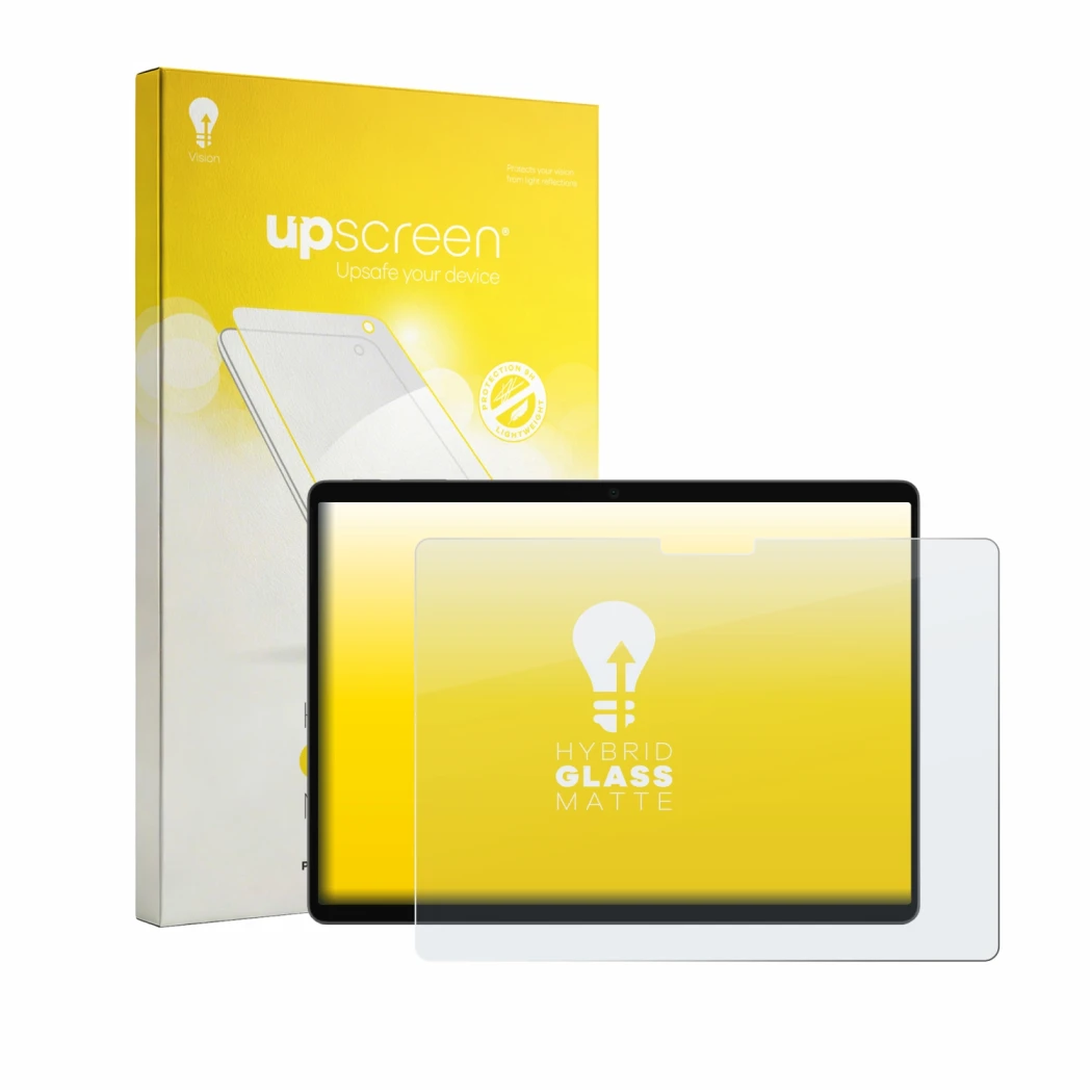 Parte frontal de un envase de producto con el logotipo de la marca upscreen. Al lado se muestra el dispositivo Microsoft Surfa