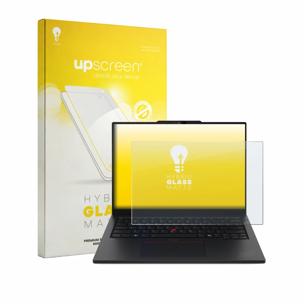 Parte frontal de un envase de producto con el logotipo de la marca upscreen. Al lado se muestra el dispositivo Lenovo ThinkPad