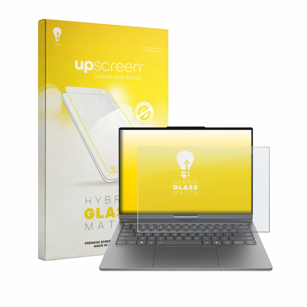 Parte frontal de un envase de producto con el logotipo de la marca upscreen. Al lado se muestra el dispositivo Lenovo ThinkBoo