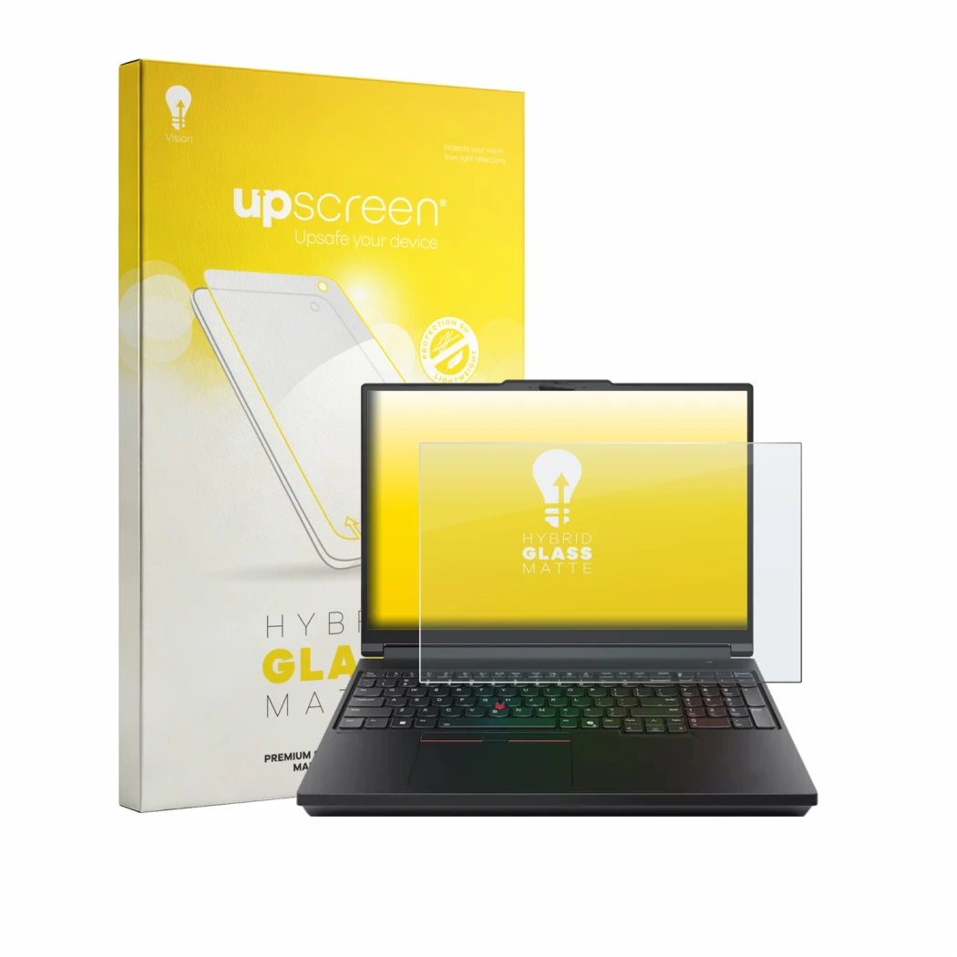 Parte frontal de un envase de producto con el logotipo de la marca upscreen. Al lado se muestra el dispositivo Lenovo ThinkPad