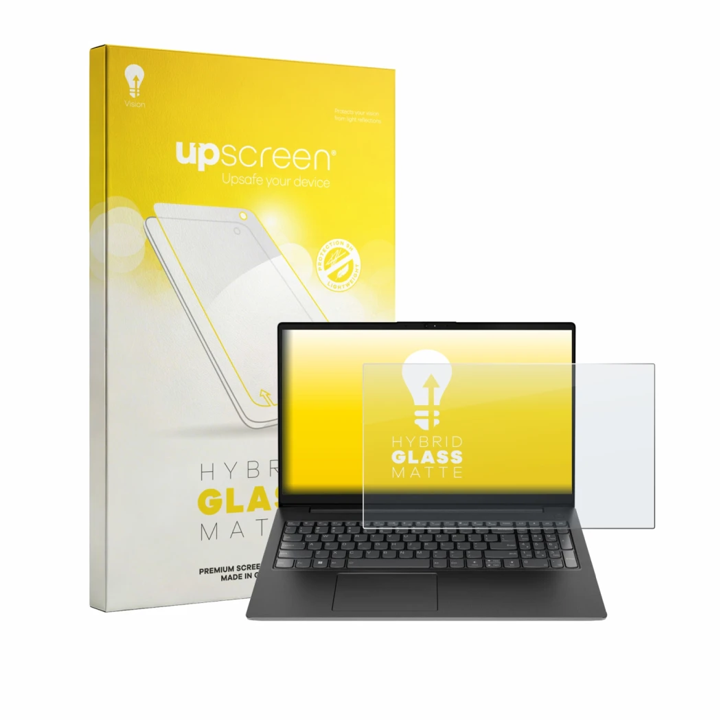 Parte frontal de un envase de producto con el logotipo de la marca upscreen. Al lado se muestra el dispositivo Lenovo V15 7915