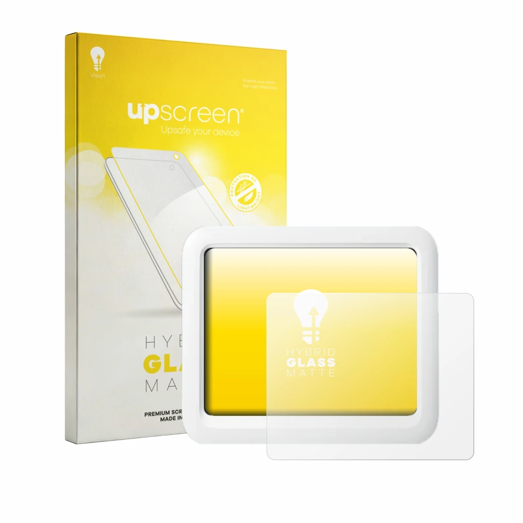 Parte frontal de un envase de producto con el logotipo de la marca upscreen. Al lado se muestra el dispositivo SwitchBot Meter